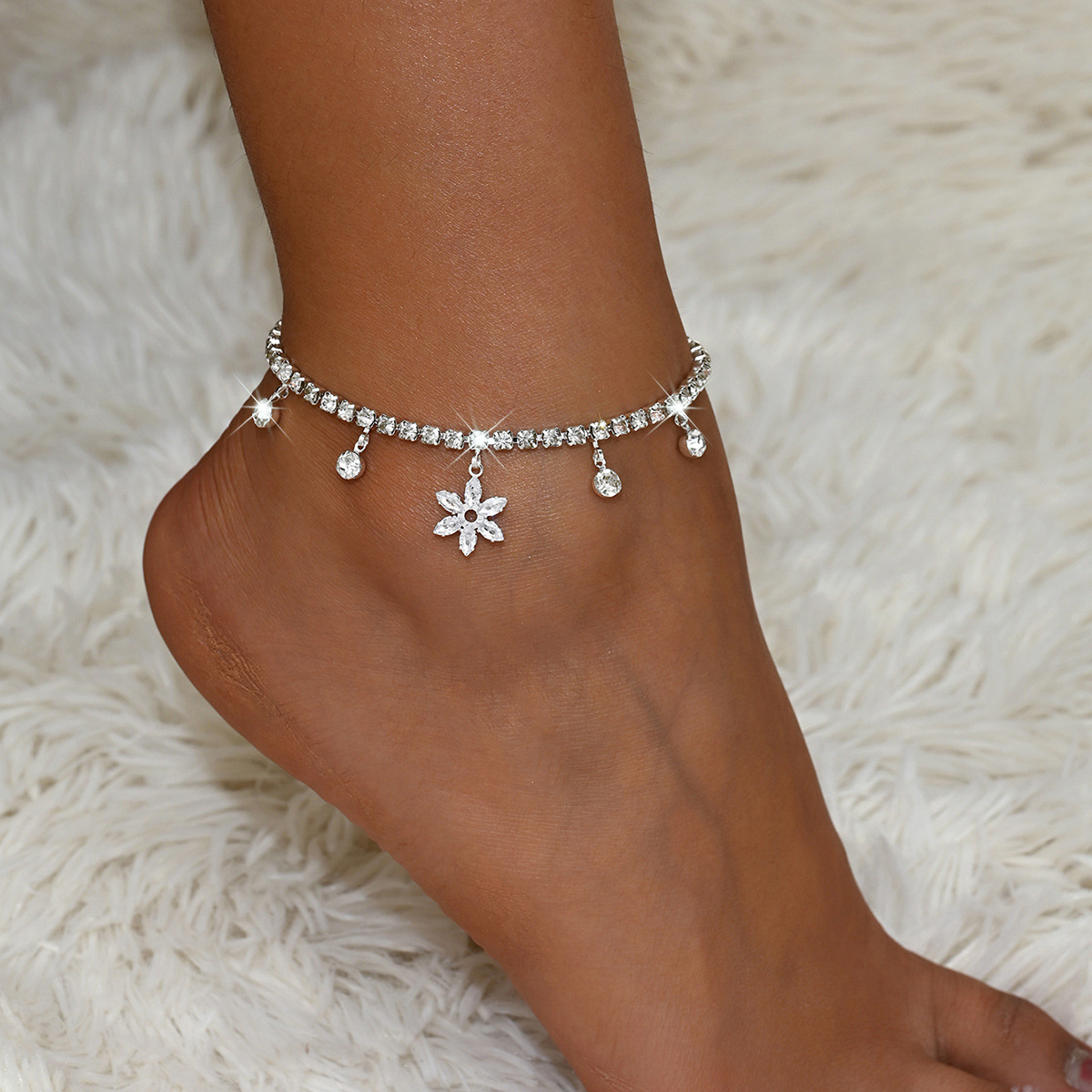 Crystal Tennis Anklet with Flower Charm and Rhinestone Drops